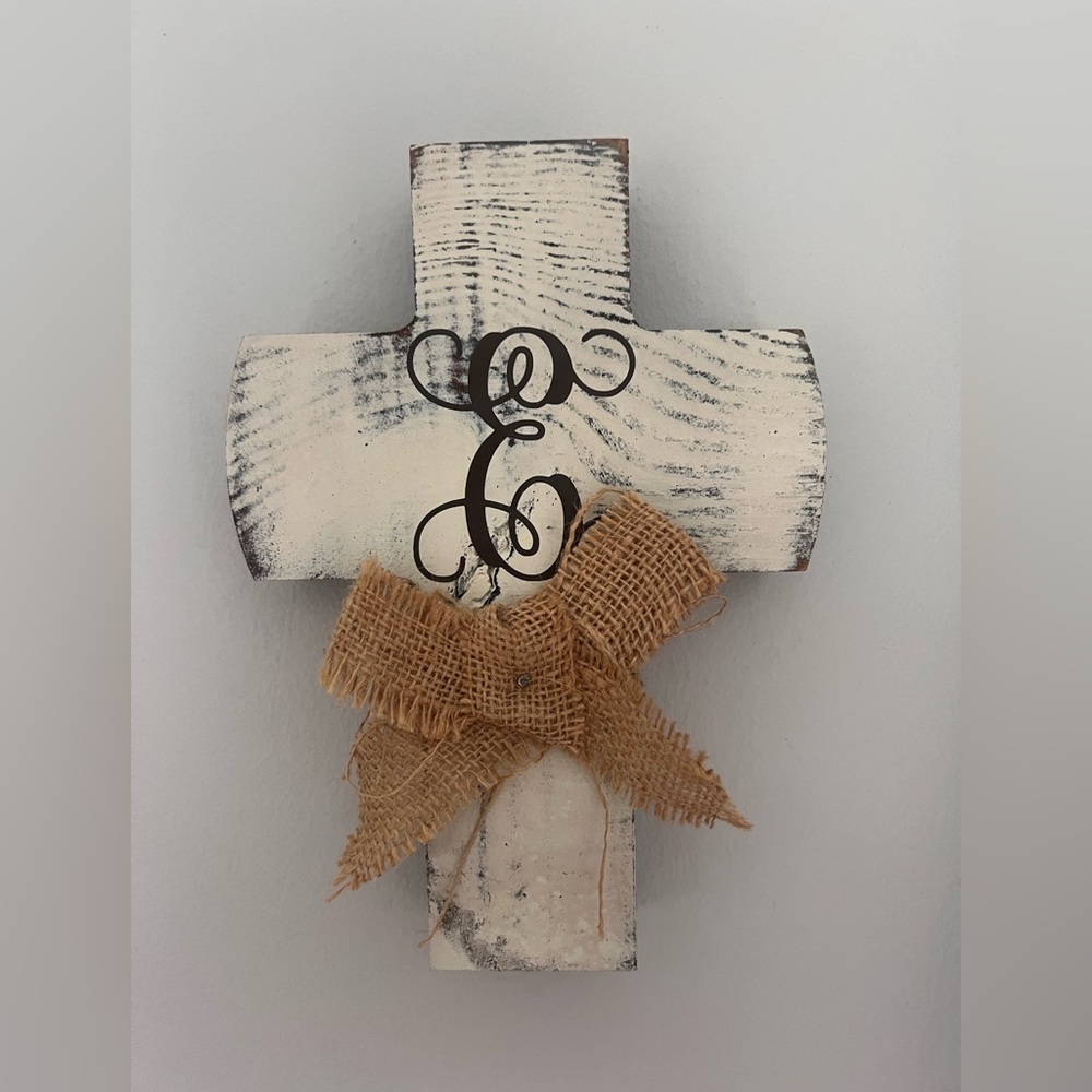 Rustic White Cross with Burlap Bow initial E